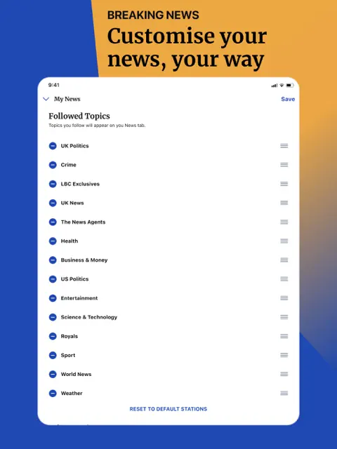 LBC app My News screen with personalised topic feed