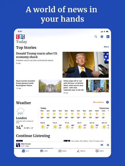 LBC app home screen showing top stories and live radio
